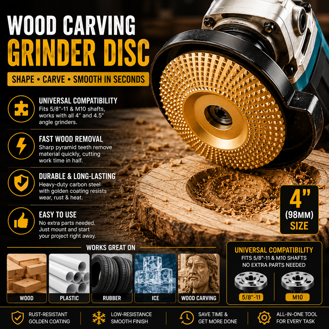 ⚡ Angle Grinder Wood Carving Disc | 🪵 Fast Material Removal Carving & Grinding Tool | 🔧 Universal Fit | 💥 Multi-Material Use