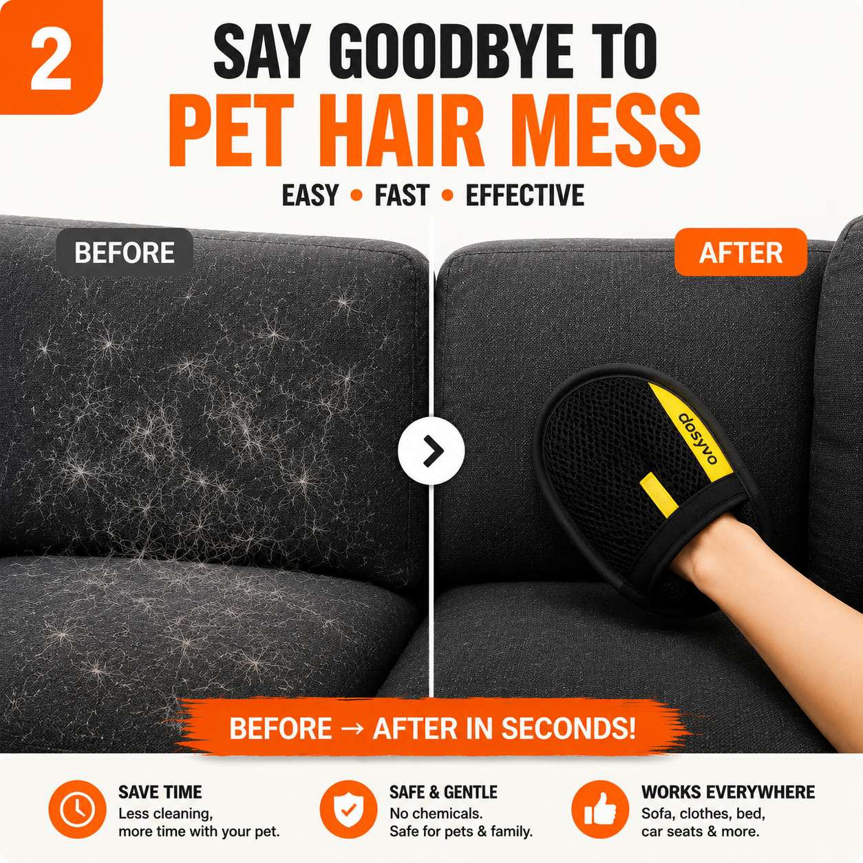 🔥 The dosyvo Pet Hair Removal Glove – Swipe to Lift Fur from Furniture, Clothes & Cars | Limited Time: 70% OFF